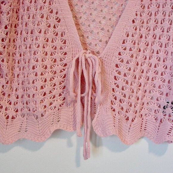 Pink Boho Crochet Knit Tie Front Cardigan Sweater Scallop Trim Cropped Top Small - Picture 13 of 16